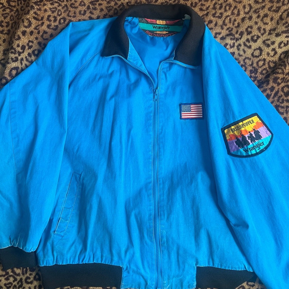 Vintage Embroidered Wrangler Brushpopper Blue Bomber Jacket with Patches